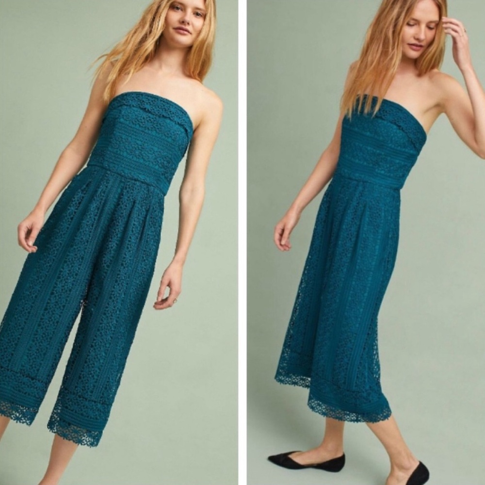 anthropologie greylin green lace strapless jumpsuit